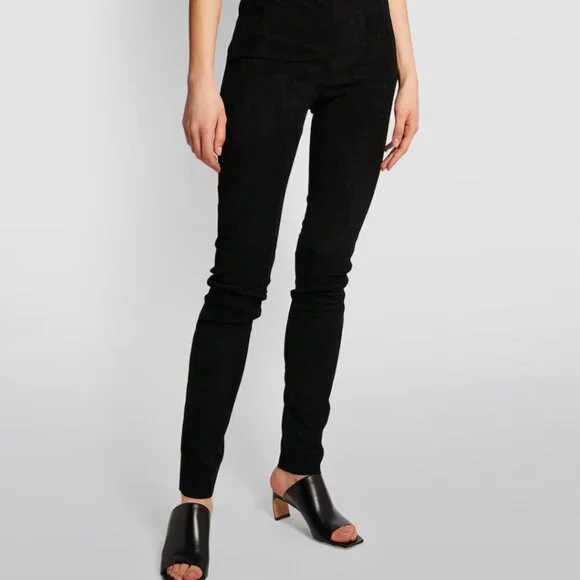 Joseph $1200 Slim Fit Suede Leggings 100% Lambskin with Stretch in Black - Picture 3 of 14